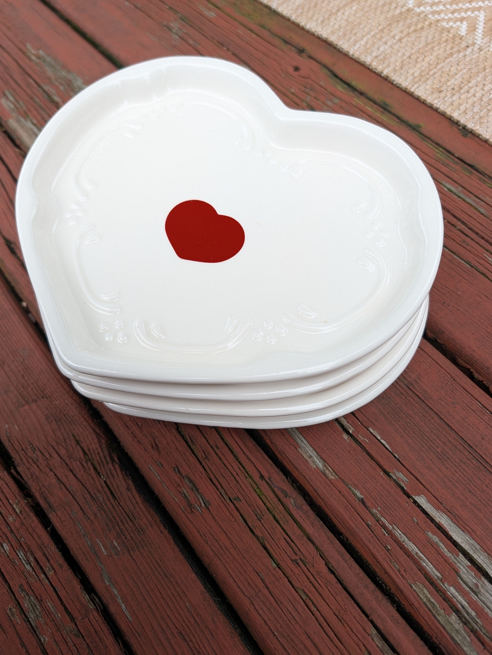 Set of 4 Vintage Pfaltzgraff Filigree Heart Shaped Dishes - White with Red Heart